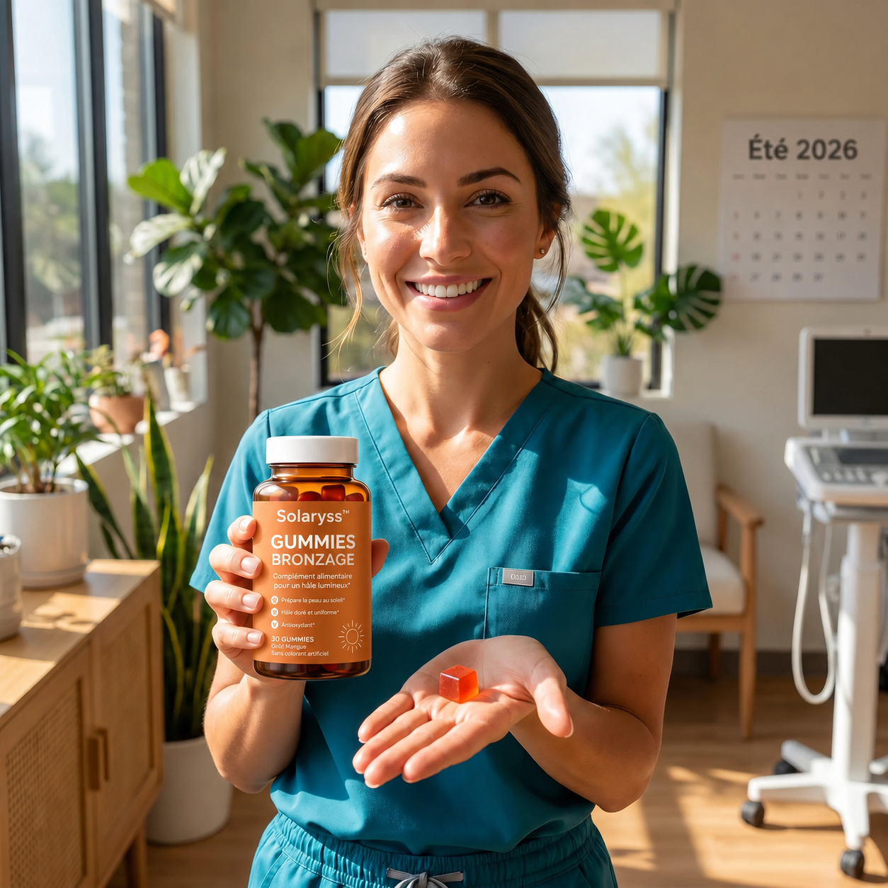 Professionnelle de santé tenant la bouteille de gummies bronzage