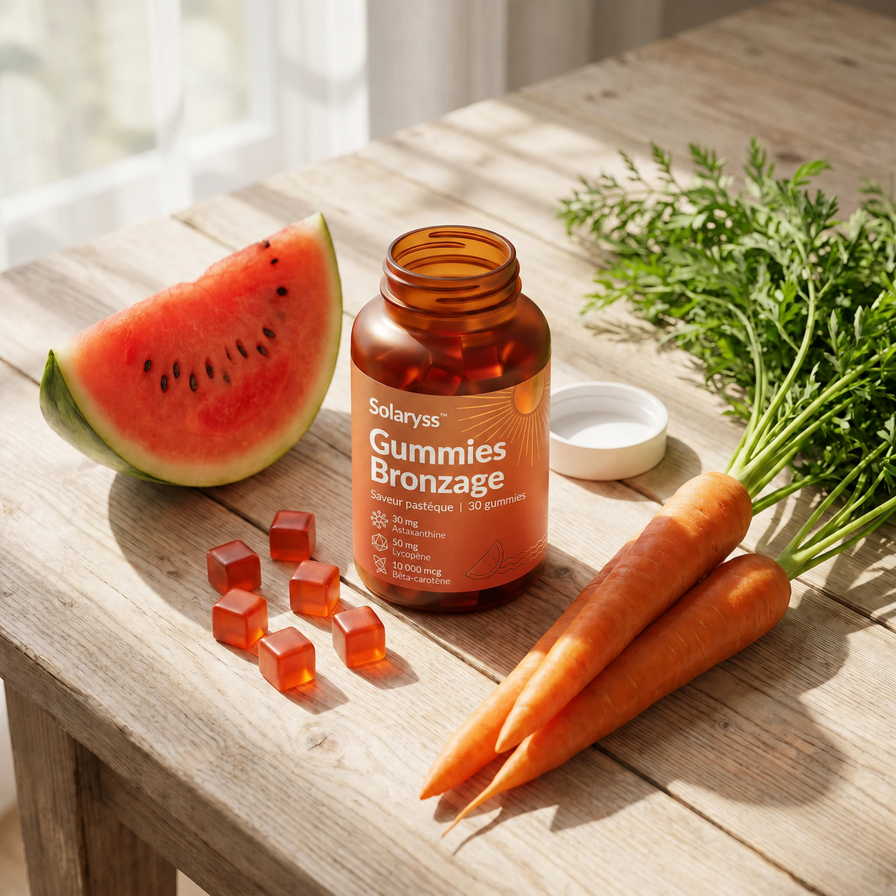 Bouteille de gummies bronzage avec pastèque et carottes