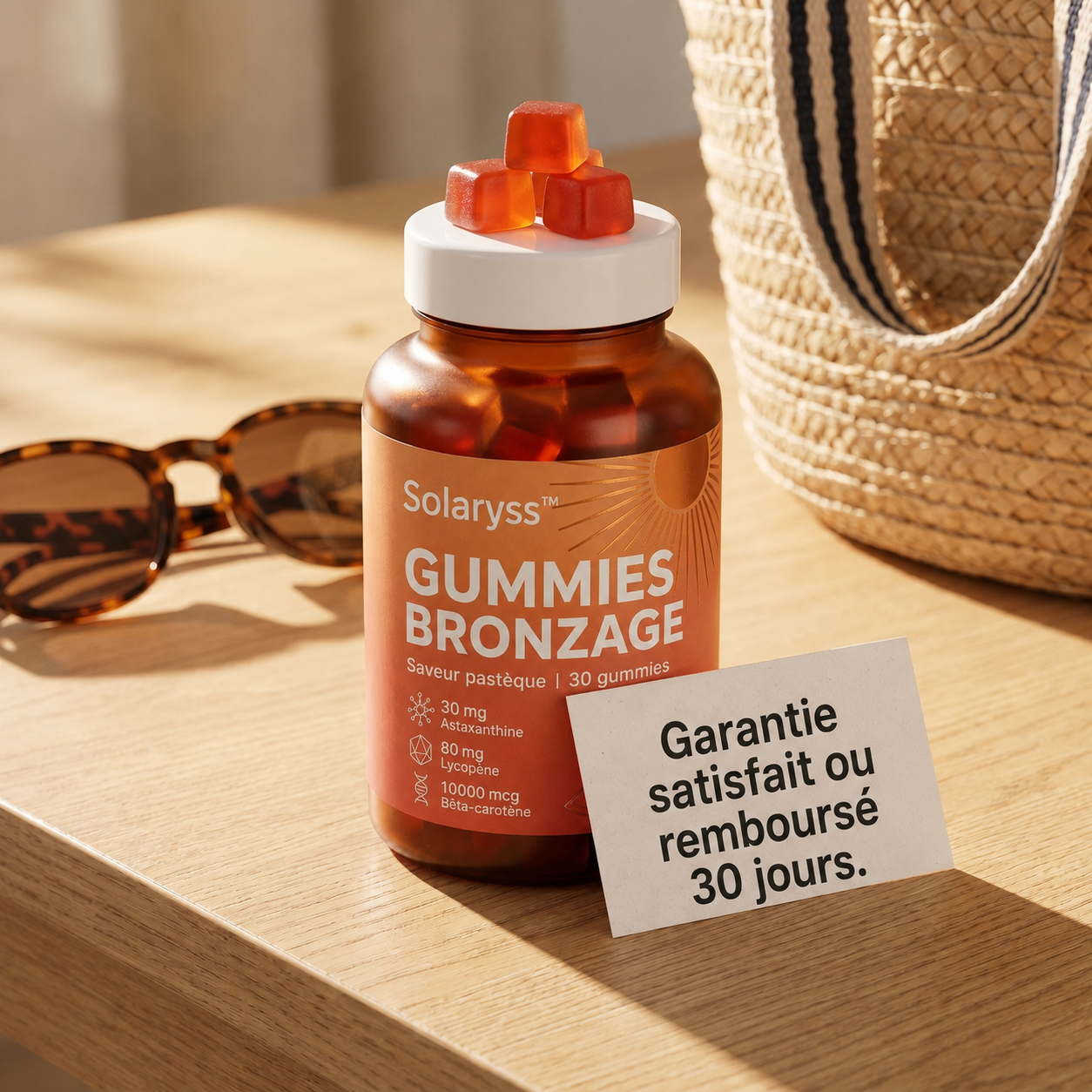 Bouteille de gummies bronzage avec une carte de garantie 30 jours